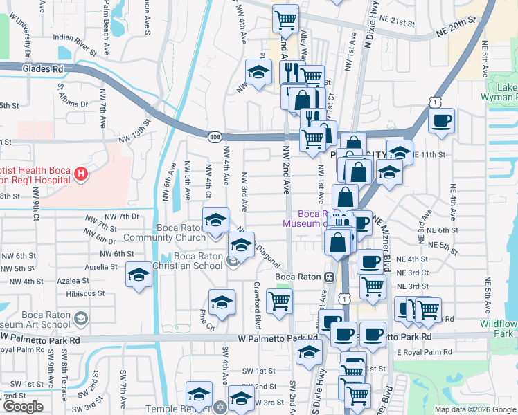 map of restaurants, bars, coffee shops, grocery stores, and more near 850 Northwest 3rd Avenue in Boca Raton
