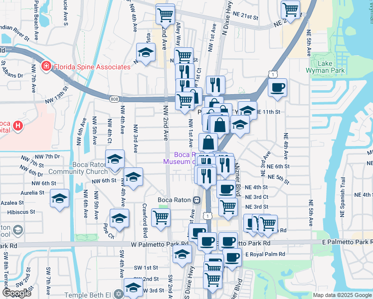 map of restaurants, bars, coffee shops, grocery stores, and more near 852 Northwest 1st Avenue in Boca Raton