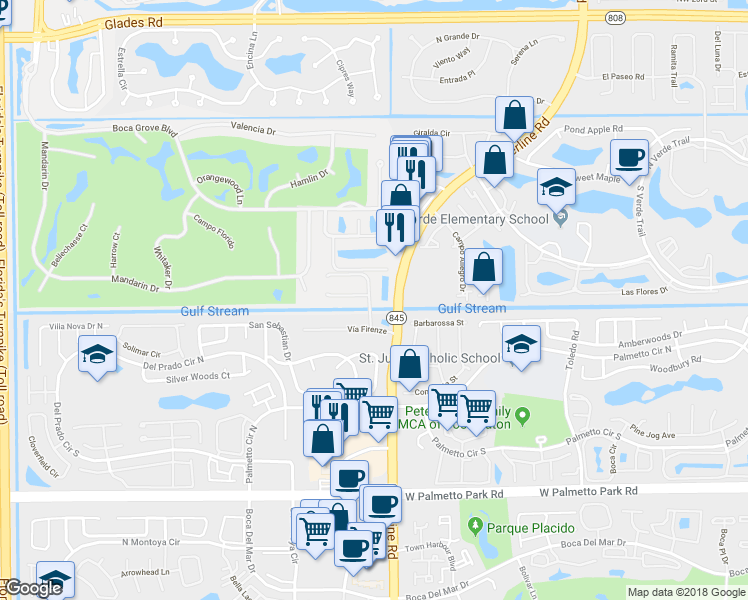 map of restaurants, bars, coffee shops, grocery stores, and more near 7053 Vía Mediterrania in Boca Raton
