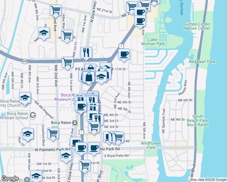 map of restaurants, bars, coffee shops, grocery stores, and more near 254 Northeast 7th Street in Boca Raton