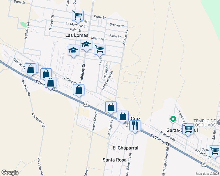 map of restaurants, bars, coffee shops, grocery stores, and more near 5468 Wale Street in Rio Grande City