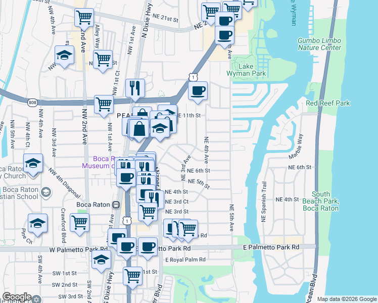 map of restaurants, bars, coffee shops, grocery stores, and more near 254 Northeast 7th Street in Boca Raton