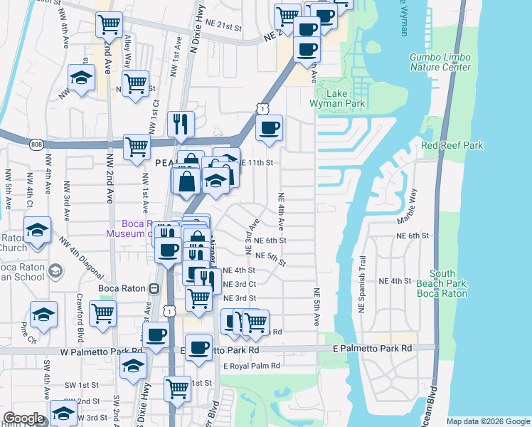 map of restaurants, bars, coffee shops, grocery stores, and more near 300 Northeast 8th Street in Boca Raton
