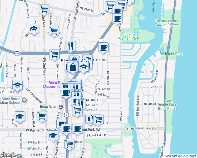 map of restaurants, bars, coffee shops, grocery stores, and more near 254 Northeast 7th Street in Boca Raton