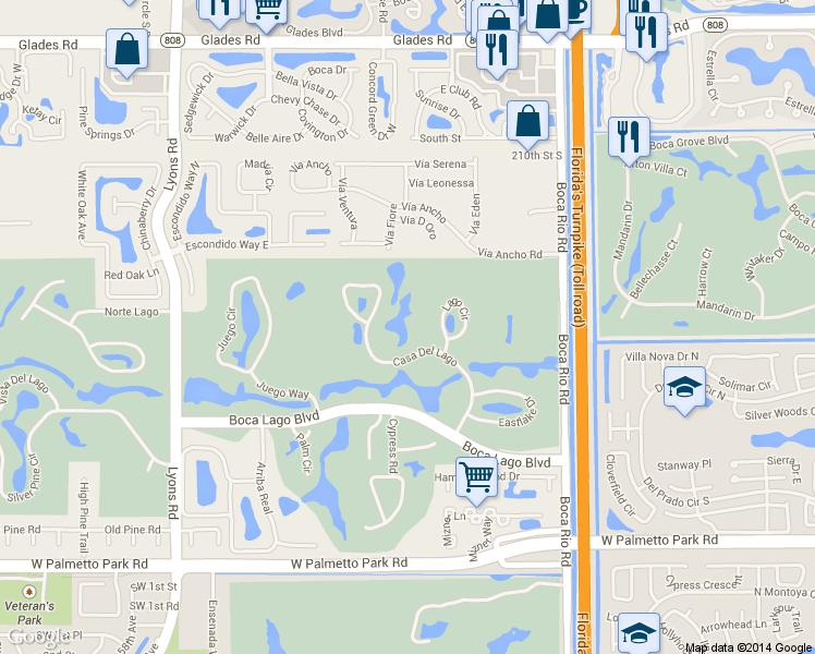 map of restaurants, bars, coffee shops, grocery stores, and more near 21214 Lago Circle in Boca Raton