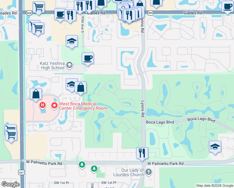 map of restaurants, bars, coffee shops, grocery stores, and more near 9313 Pecky Cypress Lane in Boca Raton