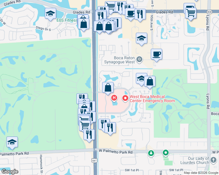 map of restaurants, bars, coffee shops, grocery stores, and more near 9818 Arbor Oaks Lane in Boca Raton