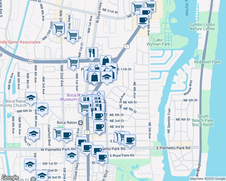 map of restaurants, bars, coffee shops, grocery stores, and more near 625 Northeast Mizner Boulevard in Boca Raton