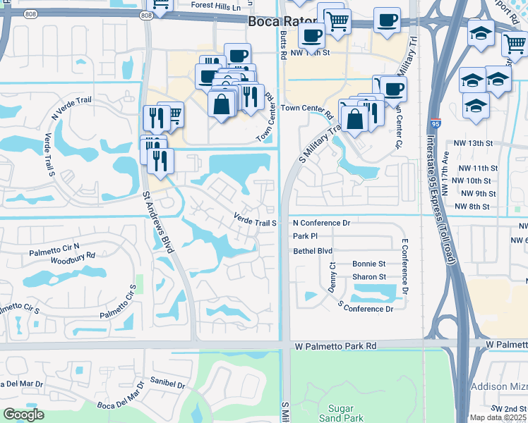 map of restaurants, bars, coffee shops, grocery stores, and more near 21446 Town Lakes Drive in Boca Raton
