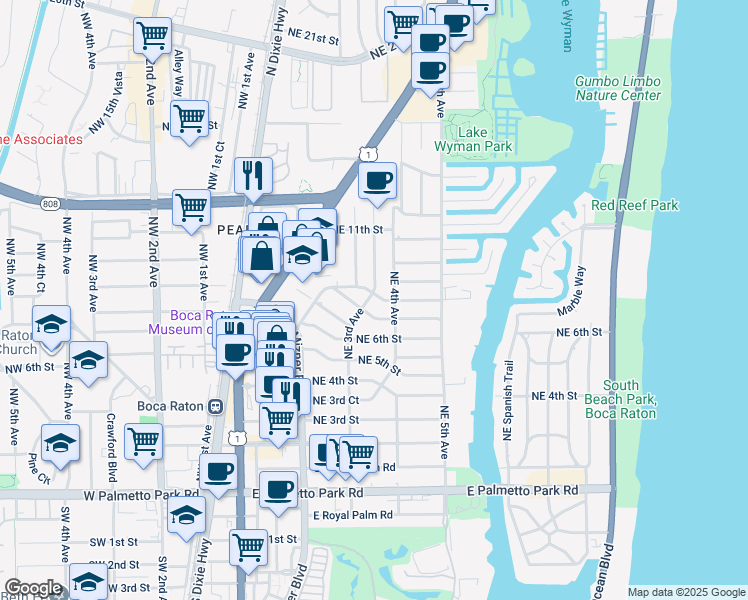 map of restaurants, bars, coffee shops, grocery stores, and more near 300 Northeast 8th Street in Boca Raton