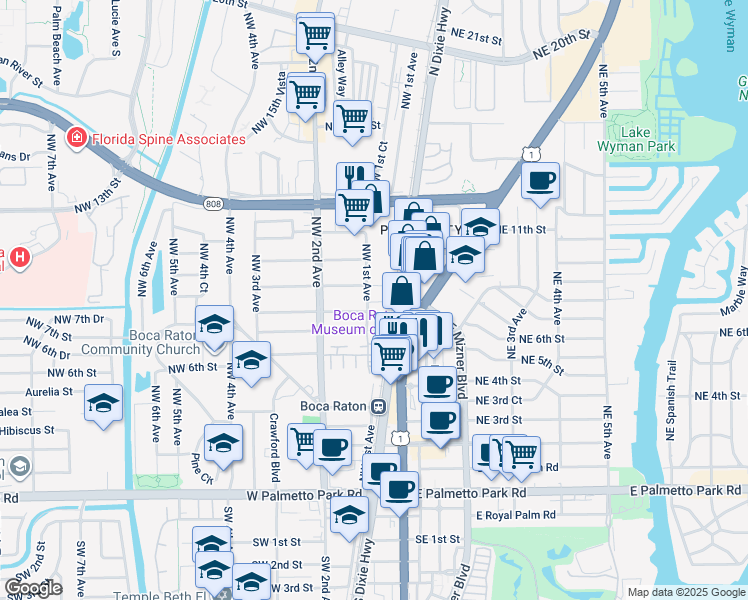 map of restaurants, bars, coffee shops, grocery stores, and more near 852 Northwest 1st Avenue in Boca Raton