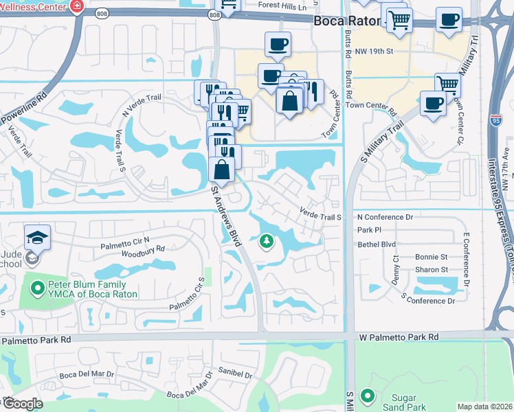 map of restaurants, bars, coffee shops, grocery stores, and more near 5818 Fox Hollow Drive in Boca Raton