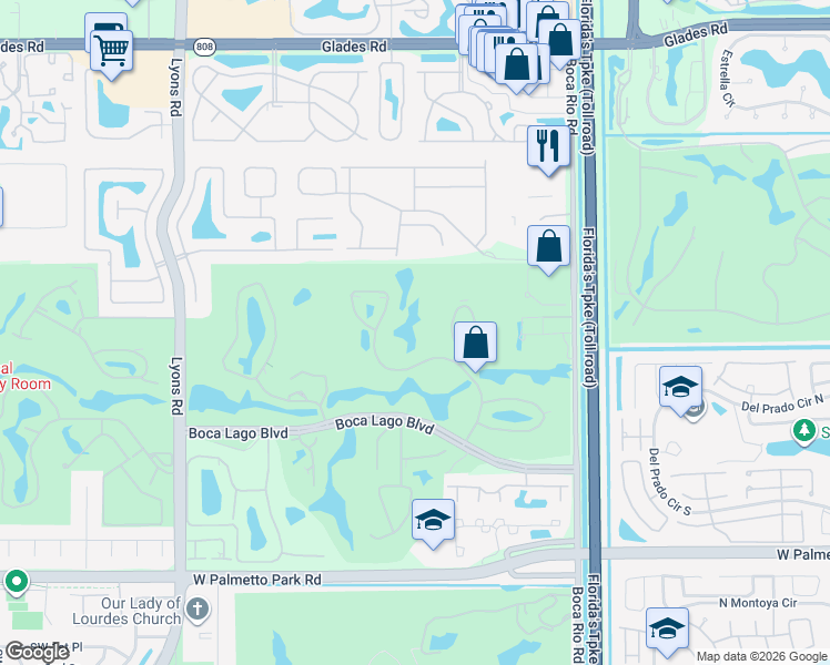 map of restaurants, bars, coffee shops, grocery stores, and more near 21214 Lago Circle in Boca Raton