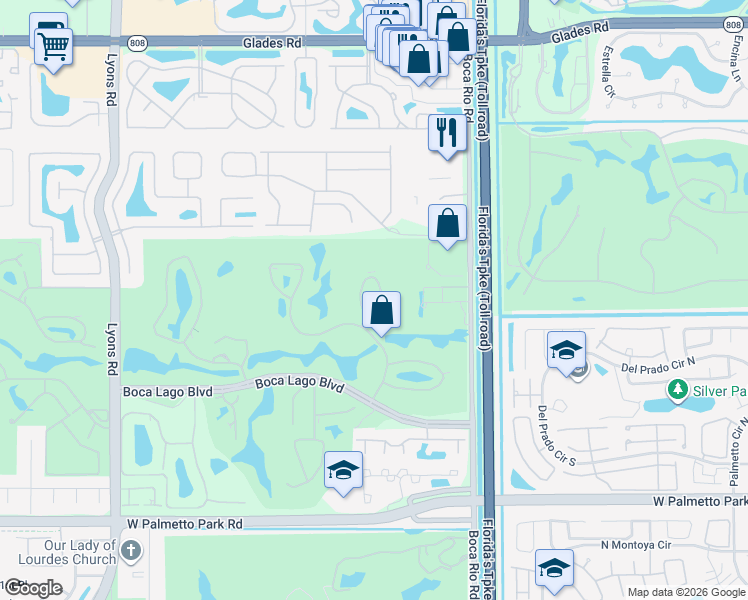 map of restaurants, bars, coffee shops, grocery stores, and more near 21201 Lago Circle in Boca Raton