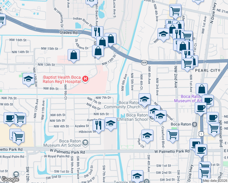 map of restaurants, bars, coffee shops, grocery stores, and more near 636 Northwest 13th Street in Boca Raton