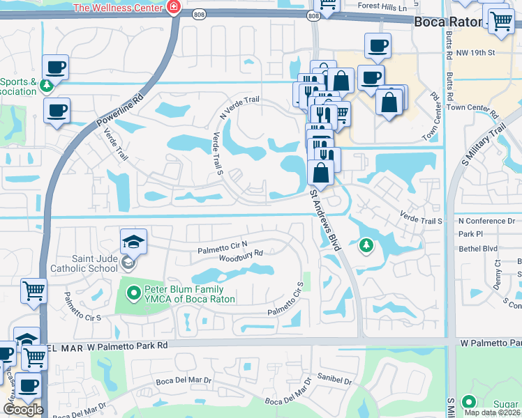 map of restaurants, bars, coffee shops, grocery stores, and more near 6160 Vía Tierra in Boca Raton
