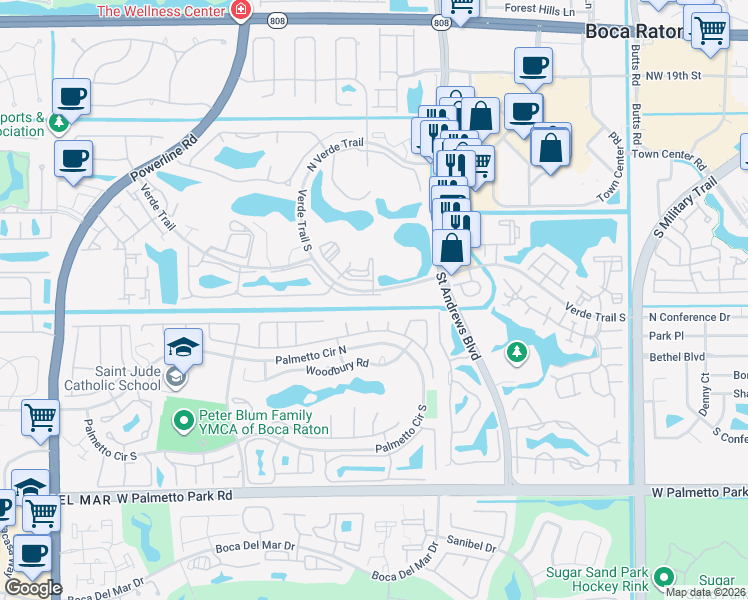 map of restaurants, bars, coffee shops, grocery stores, and more near 6140 Vía Tierra in Boca Raton