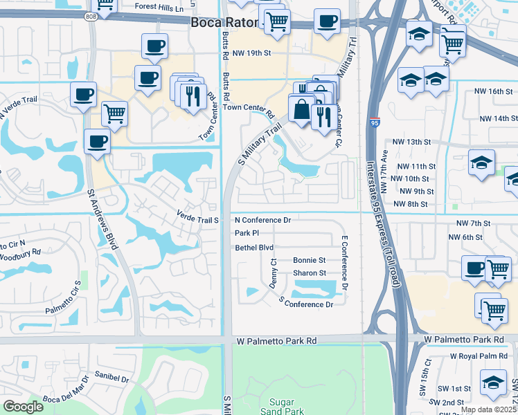 map of restaurants, bars, coffee shops, grocery stores, and more near 2148 Northwest 8th Street in Boca Raton