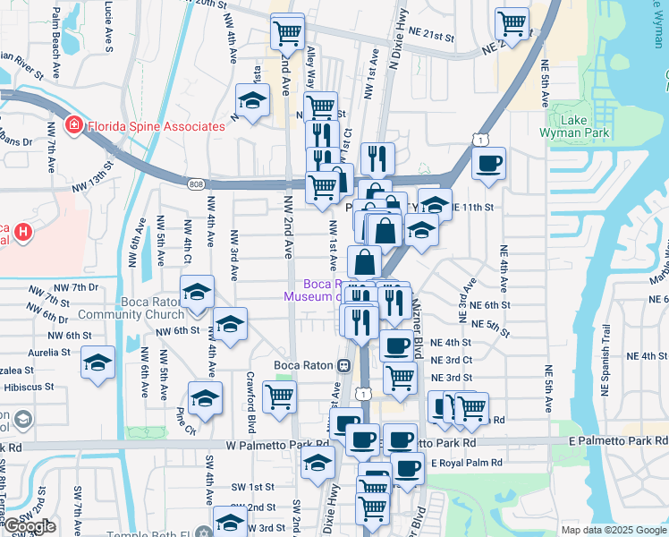 map of restaurants, bars, coffee shops, grocery stores, and more near 852 Northwest 1st Avenue in Boca Raton