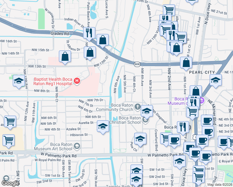 map of restaurants, bars, coffee shops, grocery stores, and more near 876 Northwest 6th Avenue in Boca Raton