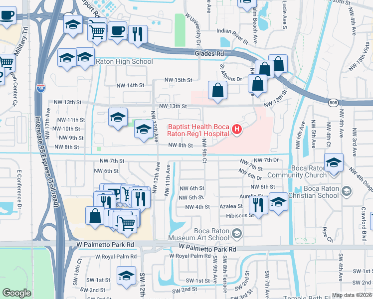 map of restaurants, bars, coffee shops, grocery stores, and more near 1000 Northwest 8th Street in Boca Raton