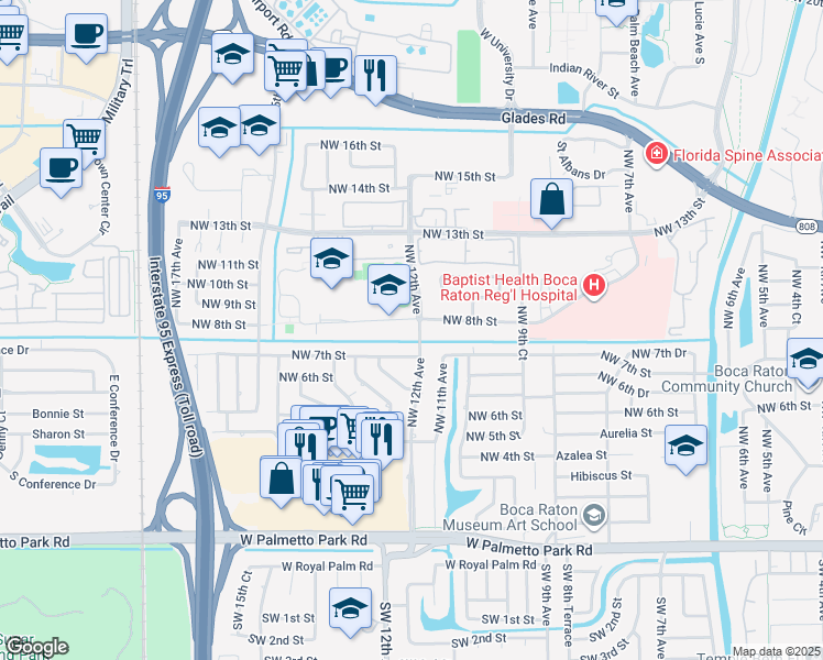 map of restaurants, bars, coffee shops, grocery stores, and more near 1220 Northwest 8th Street in Boca Raton