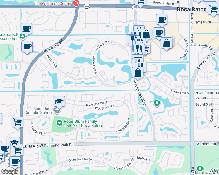 map of restaurants, bars, coffee shops, grocery stores, and more near 6160 Vía Tierra in Boca Raton