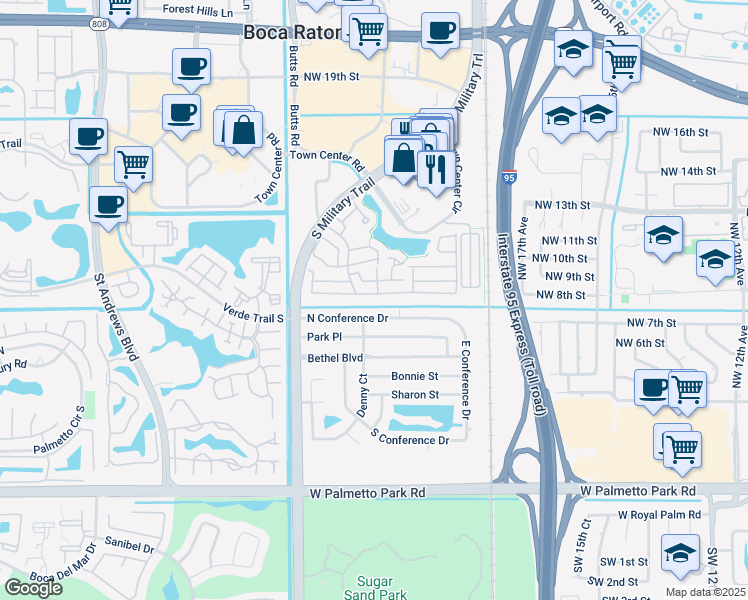 map of restaurants, bars, coffee shops, grocery stores, and more near 2040 Northwest 8th Street in Boca Raton