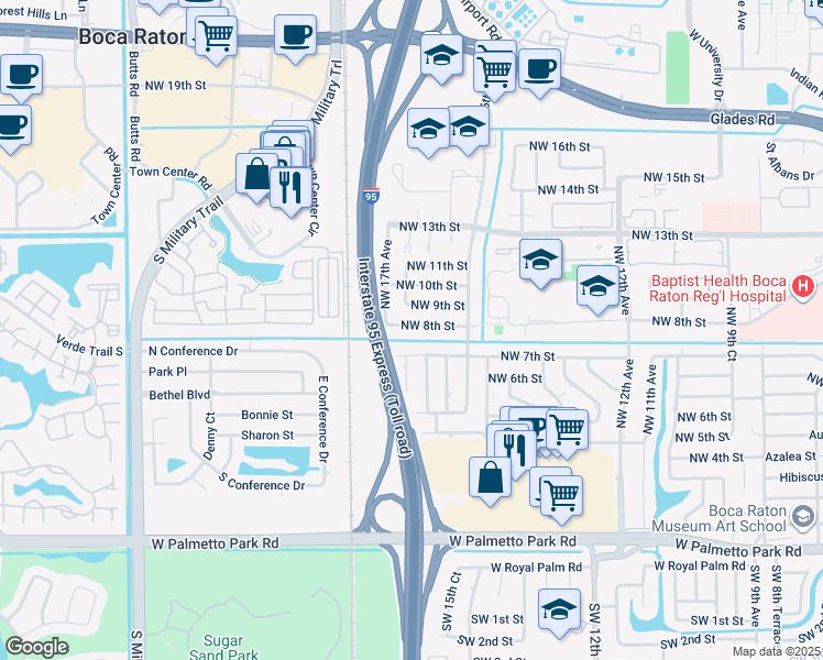 map of restaurants, bars, coffee shops, grocery stores, and more near 1646 Northwest 8th Street in Boca Raton
