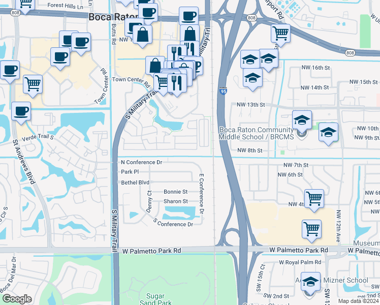 map of restaurants, bars, coffee shops, grocery stores, and more near 1924 Northwest 8th Street in Boca Raton