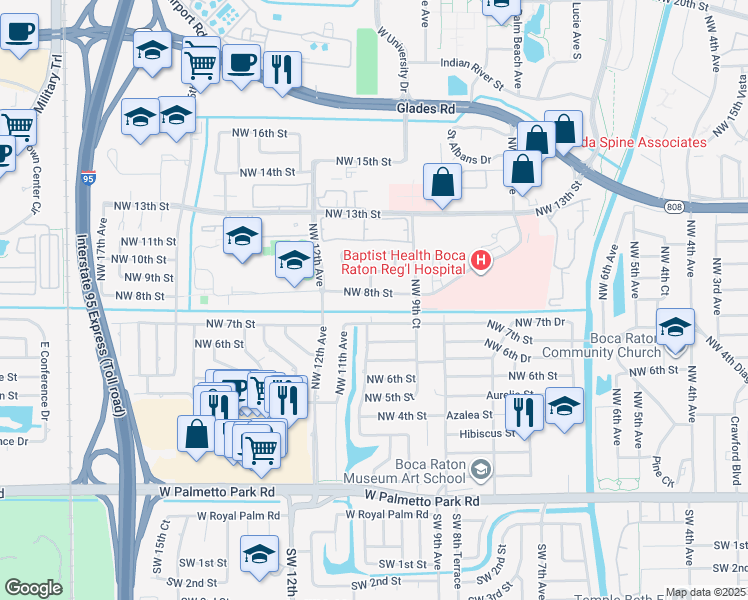 map of restaurants, bars, coffee shops, grocery stores, and more near 1000 Northwest 8th Street in Boca Raton