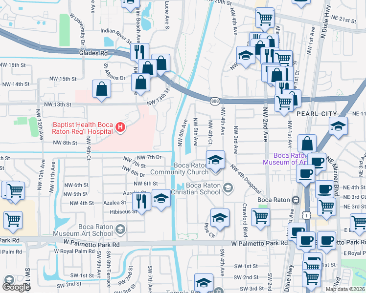 map of restaurants, bars, coffee shops, grocery stores, and more near 876 Northwest 6th Avenue in Boca Raton