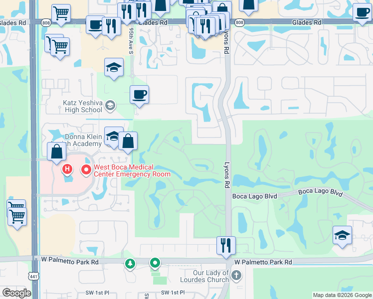 map of restaurants, bars, coffee shops, grocery stores, and more near 9313 Pecky Cypress Lane in Boca Raton