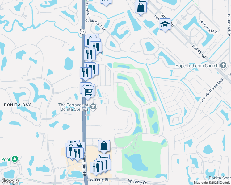 map of restaurants, bars, coffee shops, grocery stores, and more near 26331 Clarkston Drive in Bonita Springs