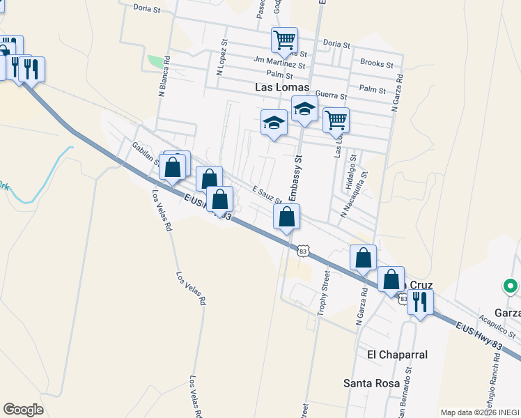 map of restaurants, bars, coffee shops, grocery stores, and more near 13 Raven Street in Rio Grande City