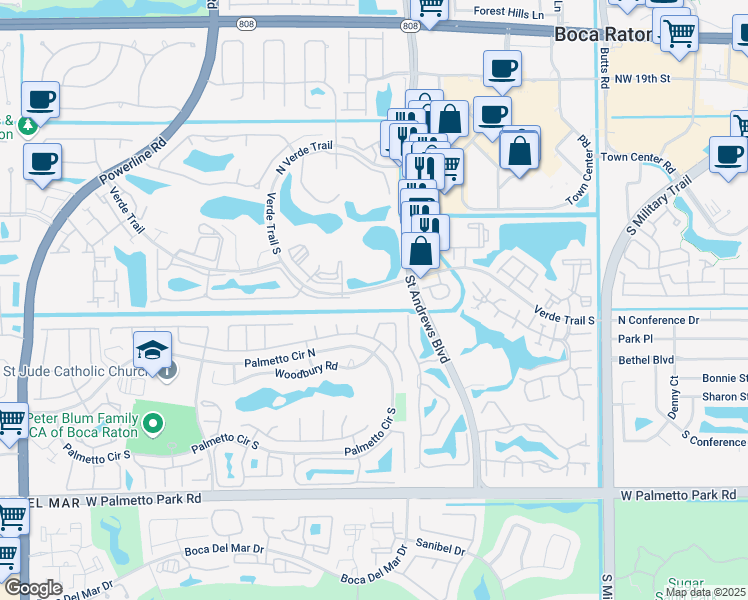 map of restaurants, bars, coffee shops, grocery stores, and more near 6070 Verde Trail South in Boca Raton
