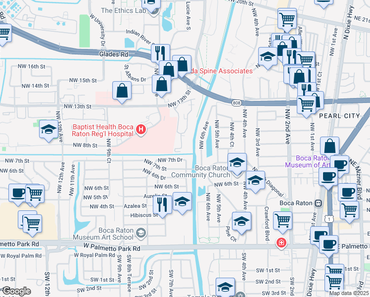 map of restaurants, bars, coffee shops, grocery stores, and more near 634 Northwest 13th Street in Boca Raton