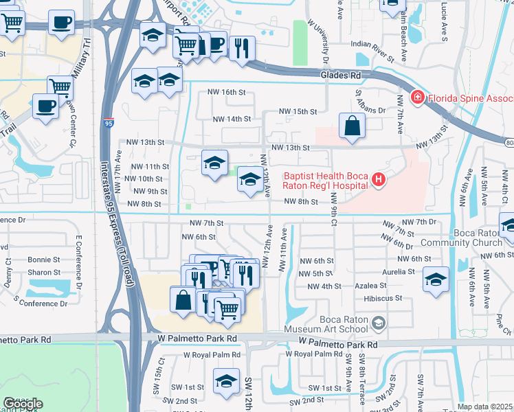 map of restaurants, bars, coffee shops, grocery stores, and more near 1220 Northwest 8th Street in Boca Raton