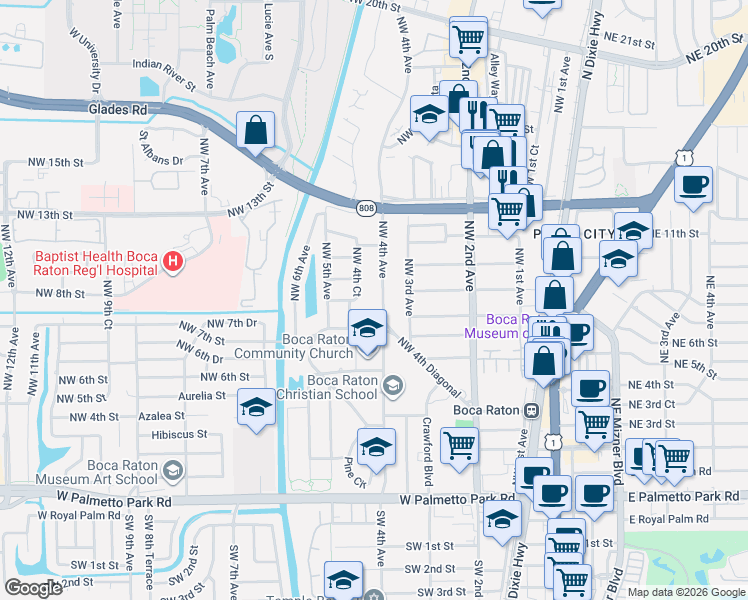 map of restaurants, bars, coffee shops, grocery stores, and more near 801 Northwest 4th Avenue in Boca Raton