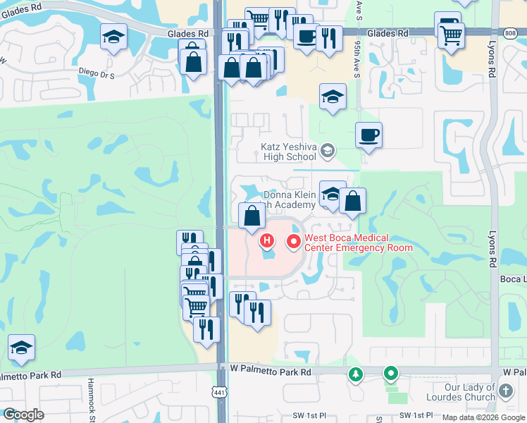 map of restaurants, bars, coffee shops, grocery stores, and more near 9818 Arbor Oaks Lane in Boca Raton