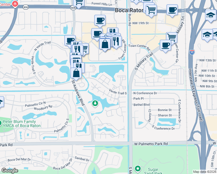 map of restaurants, bars, coffee shops, grocery stores, and more near 21445 Town Lakes Drive in Boca Raton