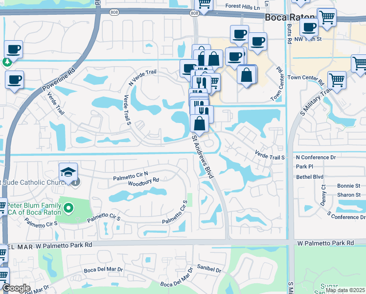 map of restaurants, bars, coffee shops, grocery stores, and more near 6070 Verde Trail South in Boca Raton