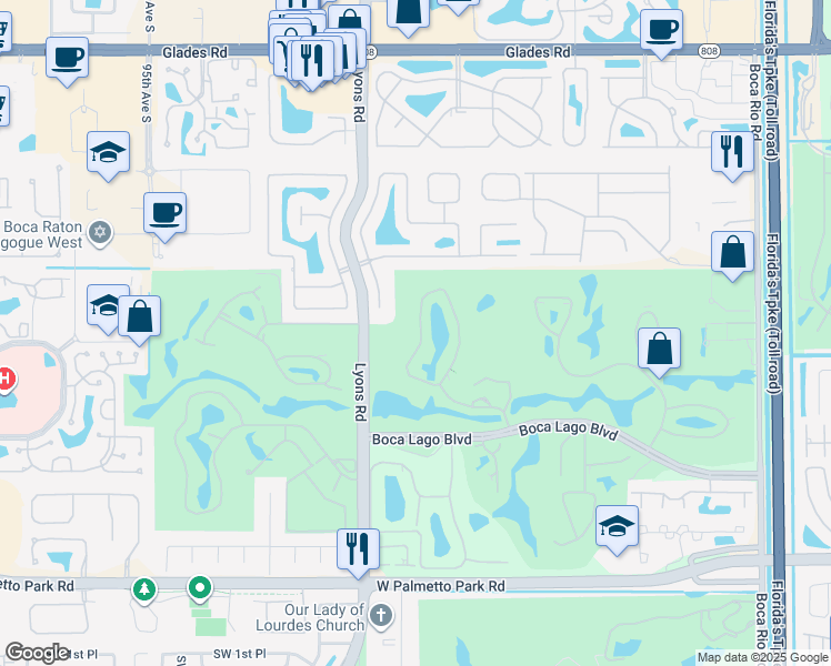 map of restaurants, bars, coffee shops, grocery stores, and more near 21386 Juego Circle in Boca Raton