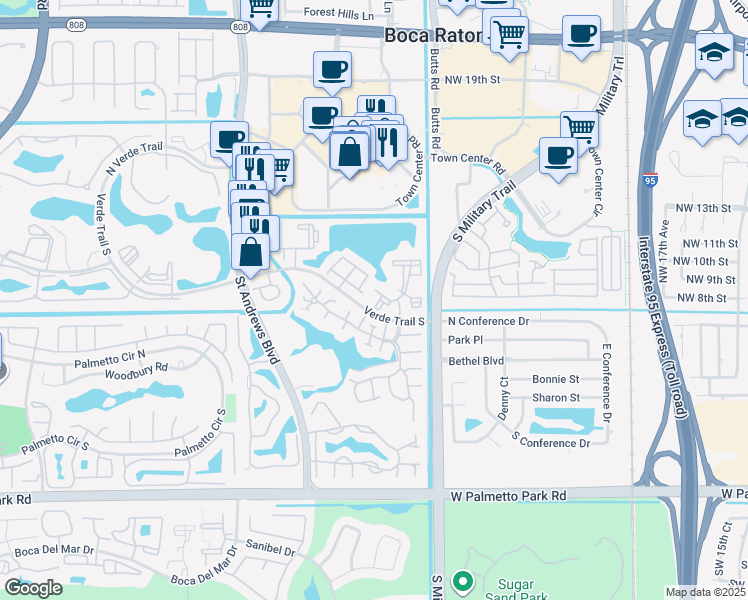 map of restaurants, bars, coffee shops, grocery stores, and more near 21445 Town Lakes Drive in Boca Raton
