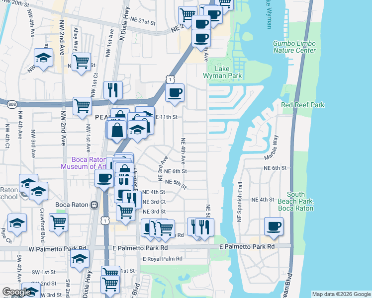 map of restaurants, bars, coffee shops, grocery stores, and more near 433 Northeast 8th Street in Boca Raton