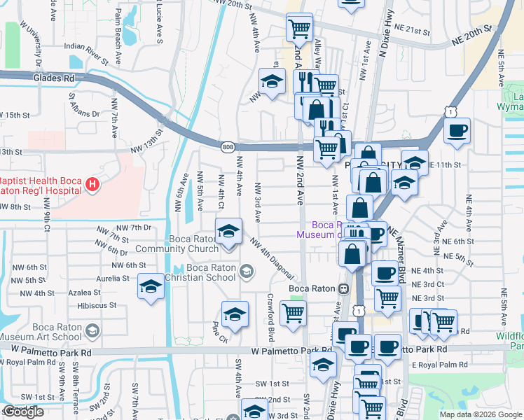 map of restaurants, bars, coffee shops, grocery stores, and more near 850 Northwest 3rd Avenue in Boca Raton