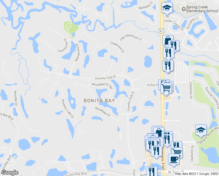 map of restaurants, bars, coffee shops, grocery stores, and more near 3652 Woodlake Drive in Bonita Springs