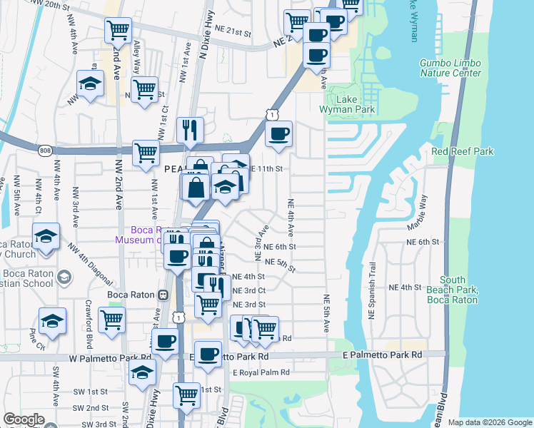 map of restaurants, bars, coffee shops, grocery stores, and more near 300 Northeast 8th Street in Boca Raton