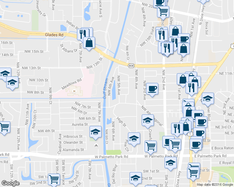 map of restaurants, bars, coffee shops, grocery stores, and more near 876 Northwest 6th Avenue in Boca Raton