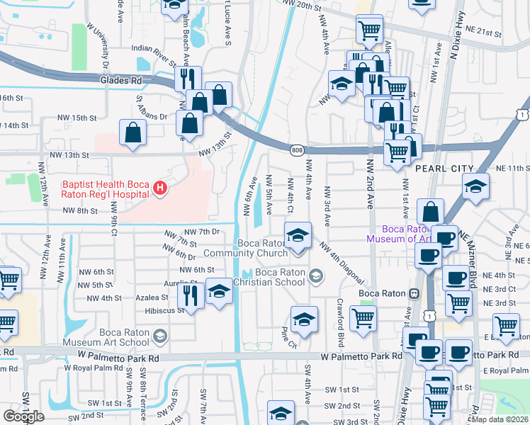 map of restaurants, bars, coffee shops, grocery stores, and more near 876 Northwest 6th Avenue in Boca Raton